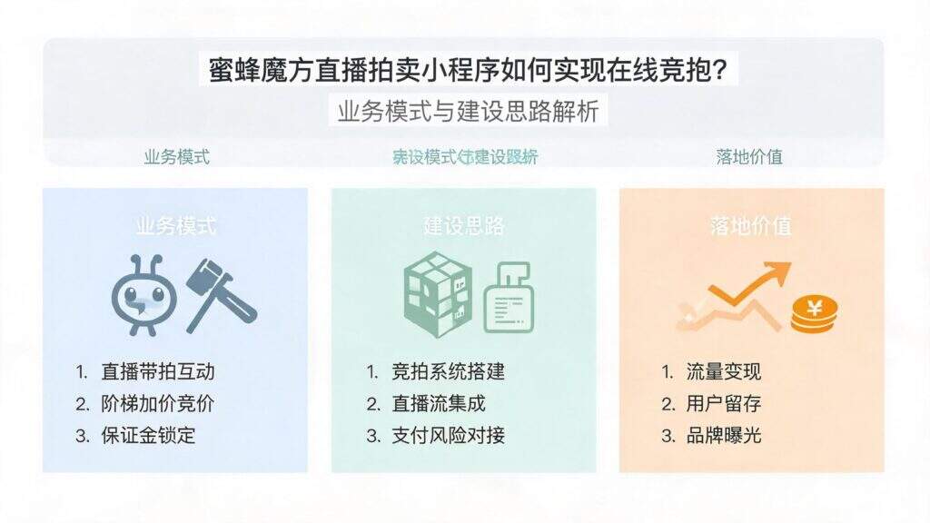 当前图片没有替代文字。文件名为:蜜蜂魔方直播拍卖小程序如何实现在线竞拍?业务模式与建设思路解析.jpg