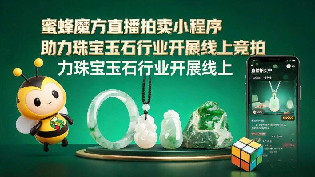 当前图片没有替代文字。文件名为:jimeng-2026-09-02-1873-图片上需要生成的标题为蜜蜂魔方直播拍卖小程序助力珠宝玉石行业开展线上竞拍.jpg