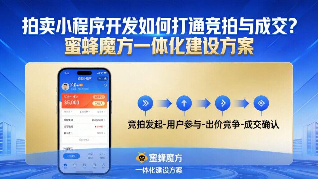 当前图片没有替代文字。文件名为:jimeng-2026-09-24-7088-标题为拍卖小程序开发如何打通竞拍与成交?蜜蜂魔方一体化建设方案-生成抖音短视频宣.jpg