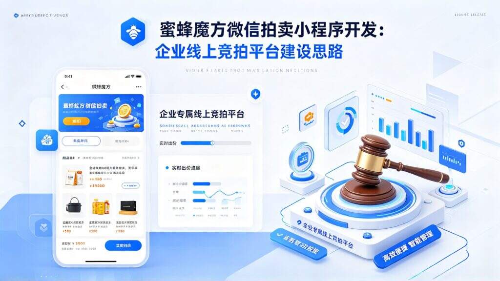 当前图片没有替代文字。文件名为:jimeng-2026-09-29-7710-标题为蜜蜂魔方微信拍卖小程序开发:企业线上竞拍平台建设思路-生成宣传图片.jpg