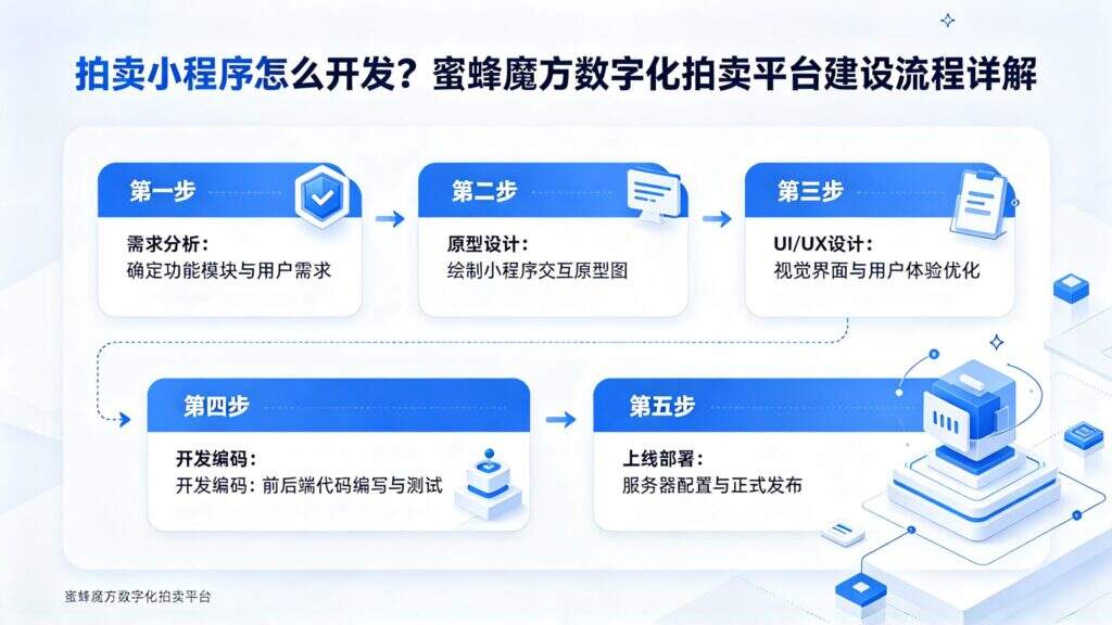 当前图片没有替代文字。文件名为:jimeng-2026-10-09-2238-标题为拍卖小程序怎么开发?蜜蜂魔方数字化拍卖平台建设流程详解-生成图片上的文字不.jpg