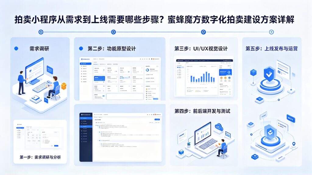 当前图片没有替代文字。文件名为:jimeng-2026-10-12-9242-标题为-拍卖小程序从需求到上线需要哪些步骤?蜜蜂魔方数字化拍卖建设方案详解-.jpg