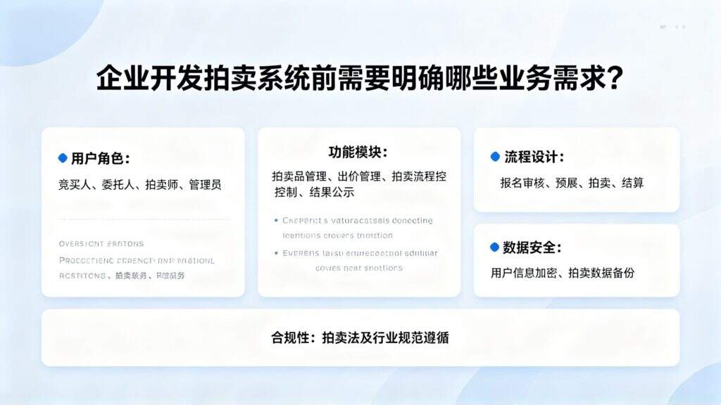 当前图片没有替代文字。文件名为:jimeng-2026-10-26-9109-标题为企业开发拍卖系统前需要明确哪些业务需求?-生成的图片文字不能扭曲变形。.jpg
